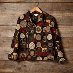 Christopher & Banks XL Geo Print Zip-Front Jacket Black/Red/Tan Rayon Polyester